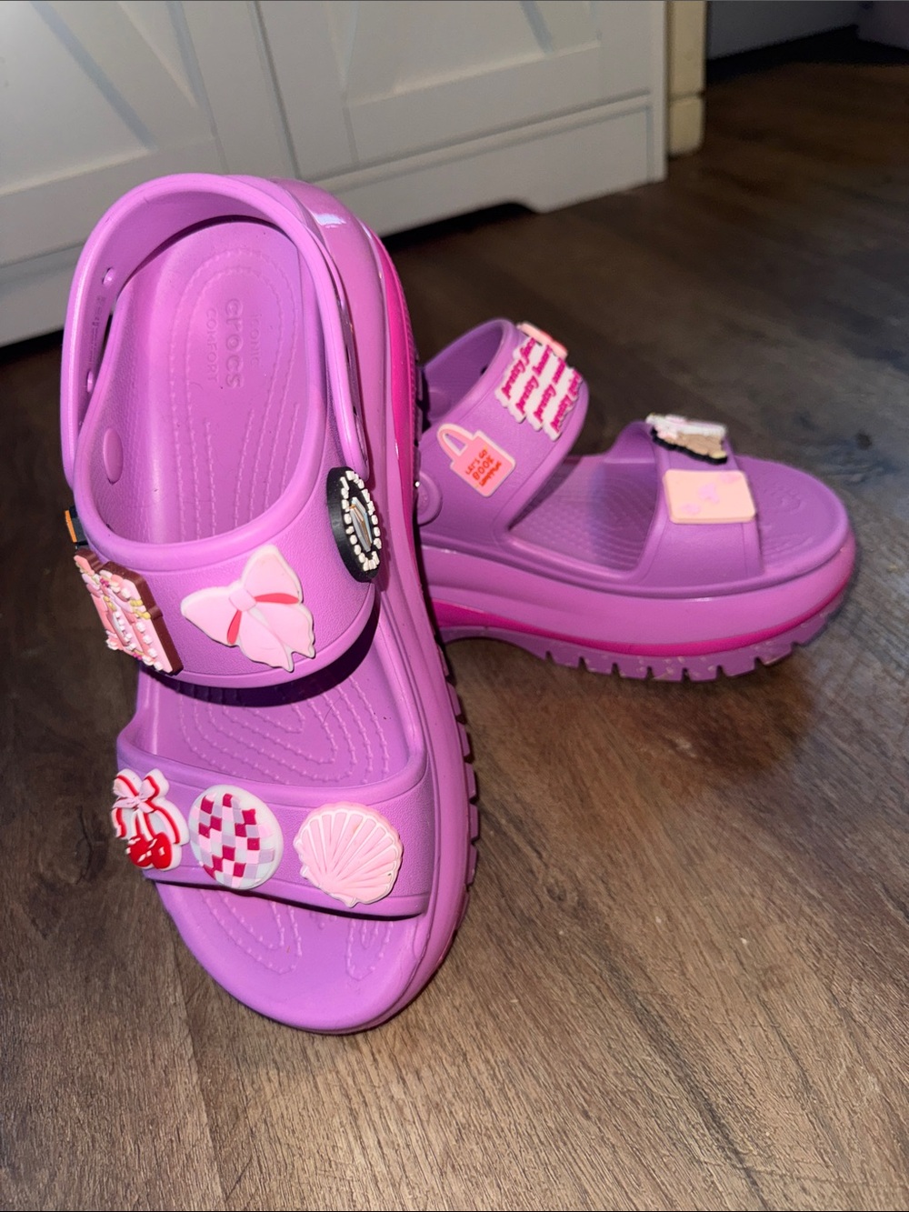 CROCS Platform Mega Crush Sandals in Lavender with Pink Accents and Charms - Picture 3 of 3